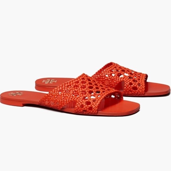 TORY BURCH Woven Flat Slide - Desert Flower Orange $298 Sz US 8.5 Preppy Summer - Picture 4 of 11